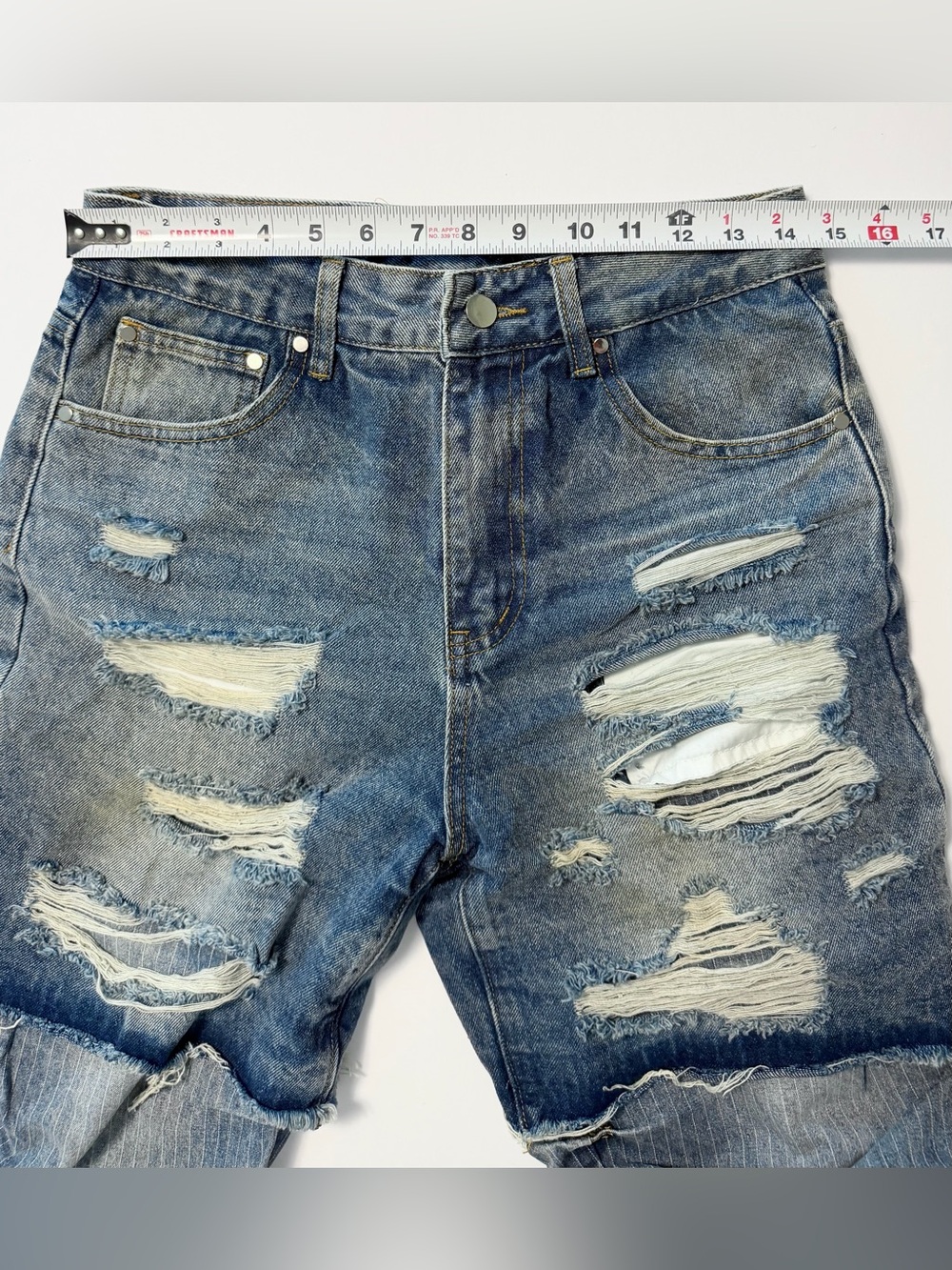 Aelfric Eden NWT size 30 distressed denim shorts over pinstripe flared pants - Picture 9 of 16